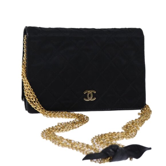 CHANEL Matelasse Chain Shoulder Bag Satin Black CC Auth - Picture 1 of 16